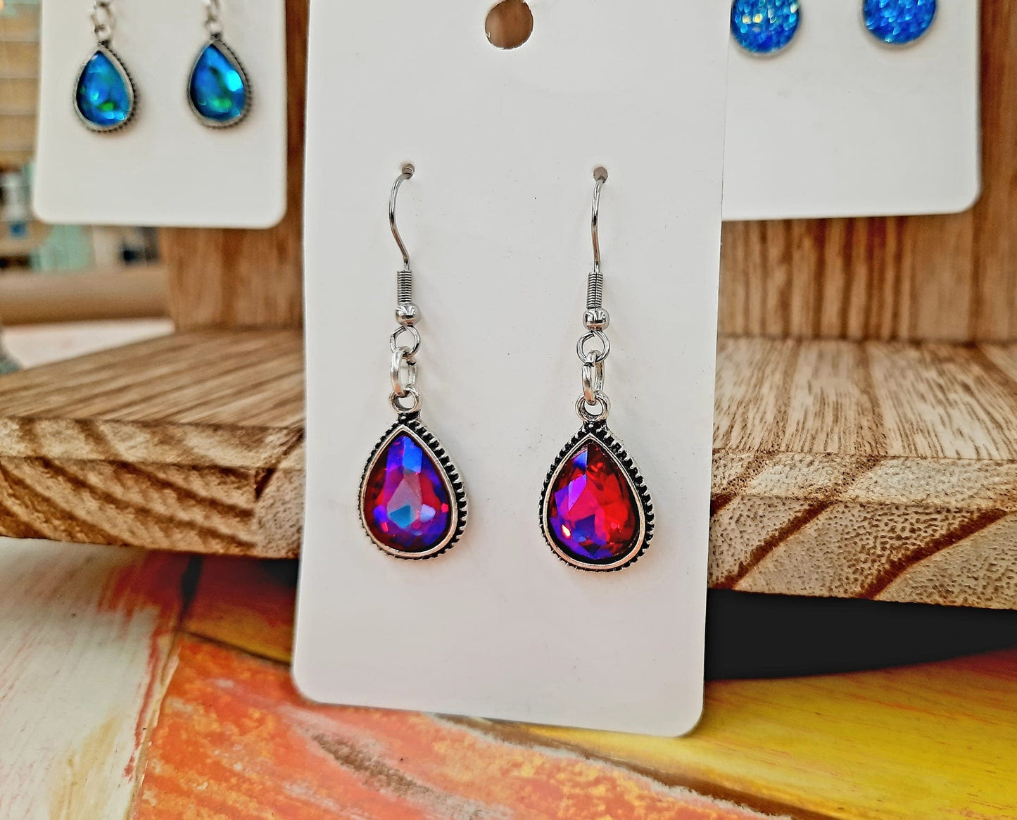 Antiqued Silver Red Teardrop Earrings
