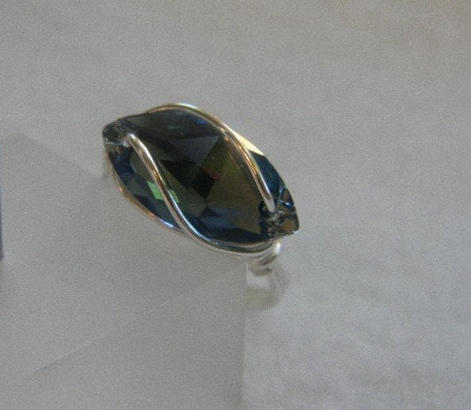 Denim Blue Crystal Navette Wire Wrapped Sterling Silver Ring