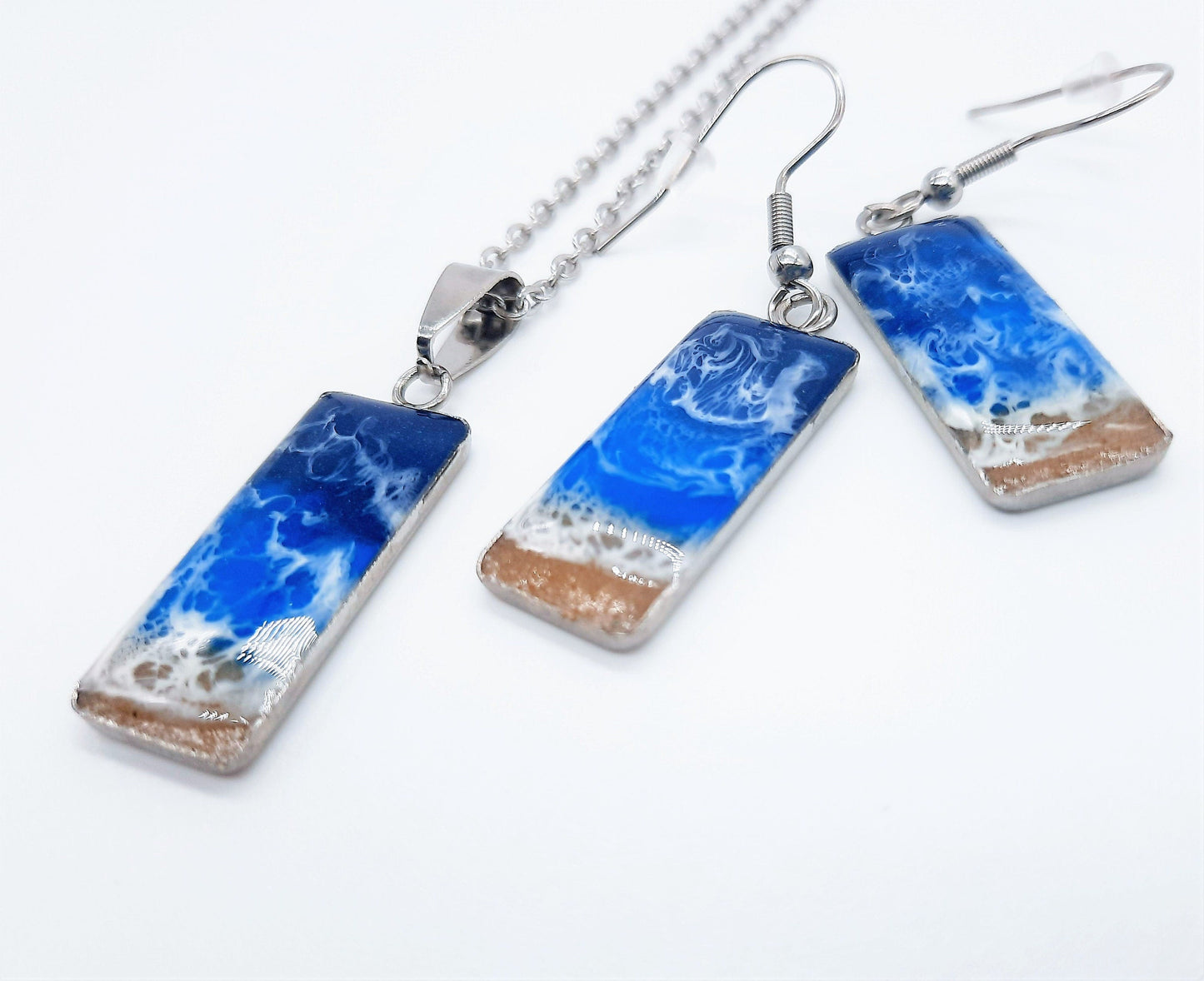 Rectangle Shaped Resin Seascape Necklace & Earring Set