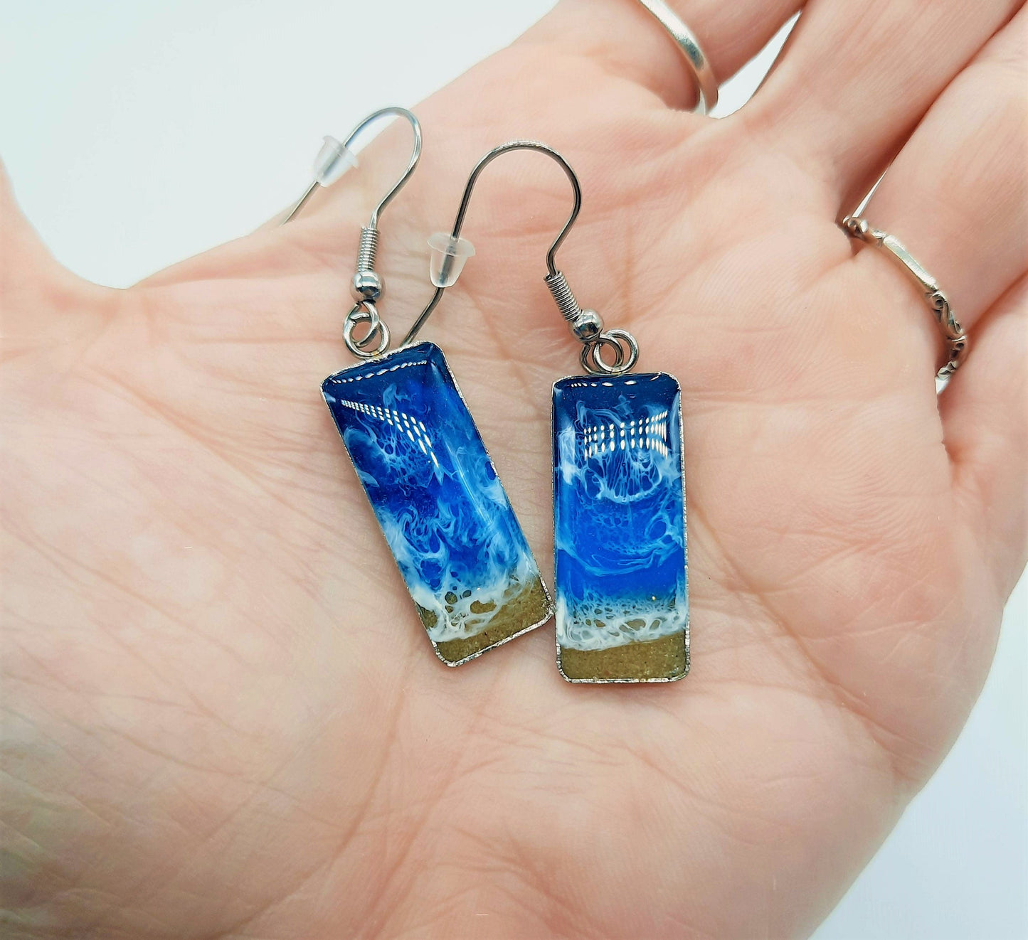 Rectangle Shaped Resin Seascape Necklace & Earring Set