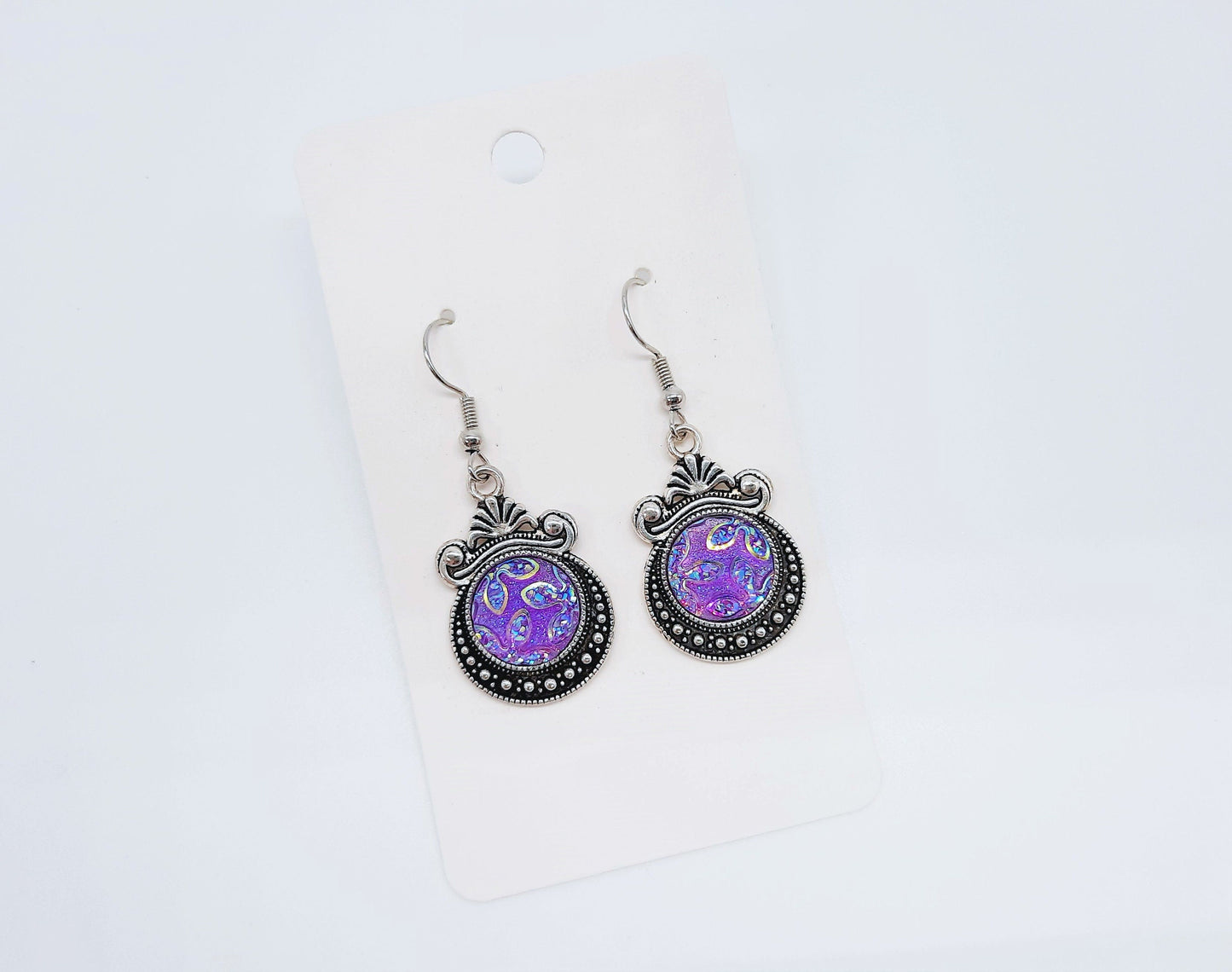 Purple Sparkle Resin Earrings / Antique Tibetan Look