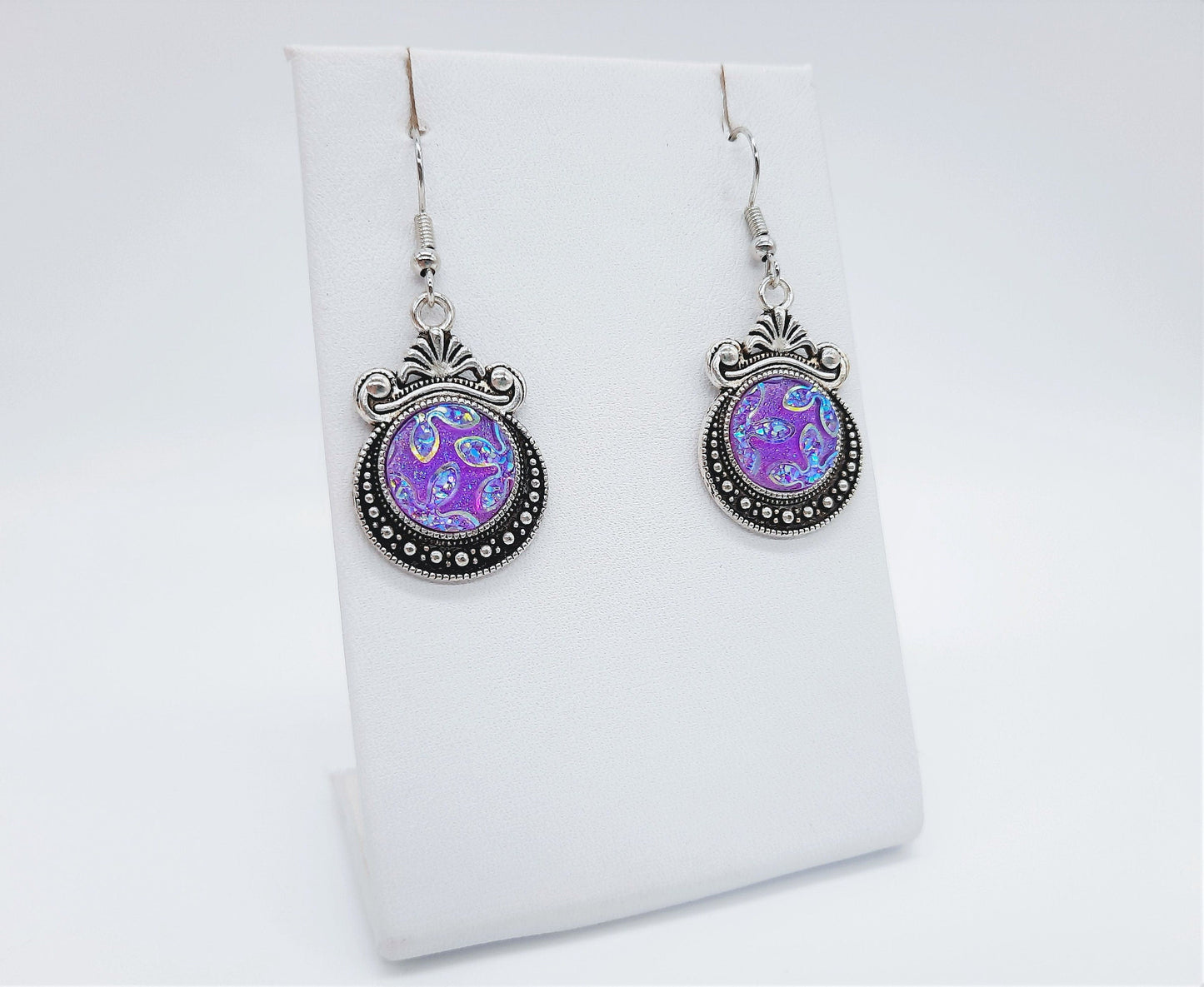 Purple Sparkle Resin Earrings / Antique Tibetan Look