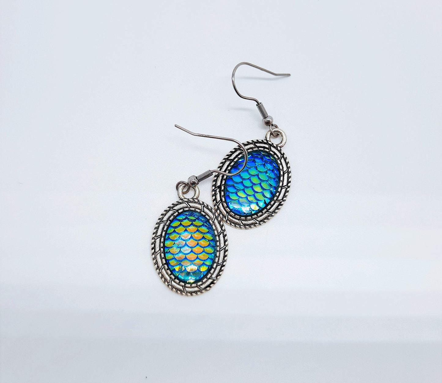 Blue Iridescent Oval Mermaid Scale Earrings