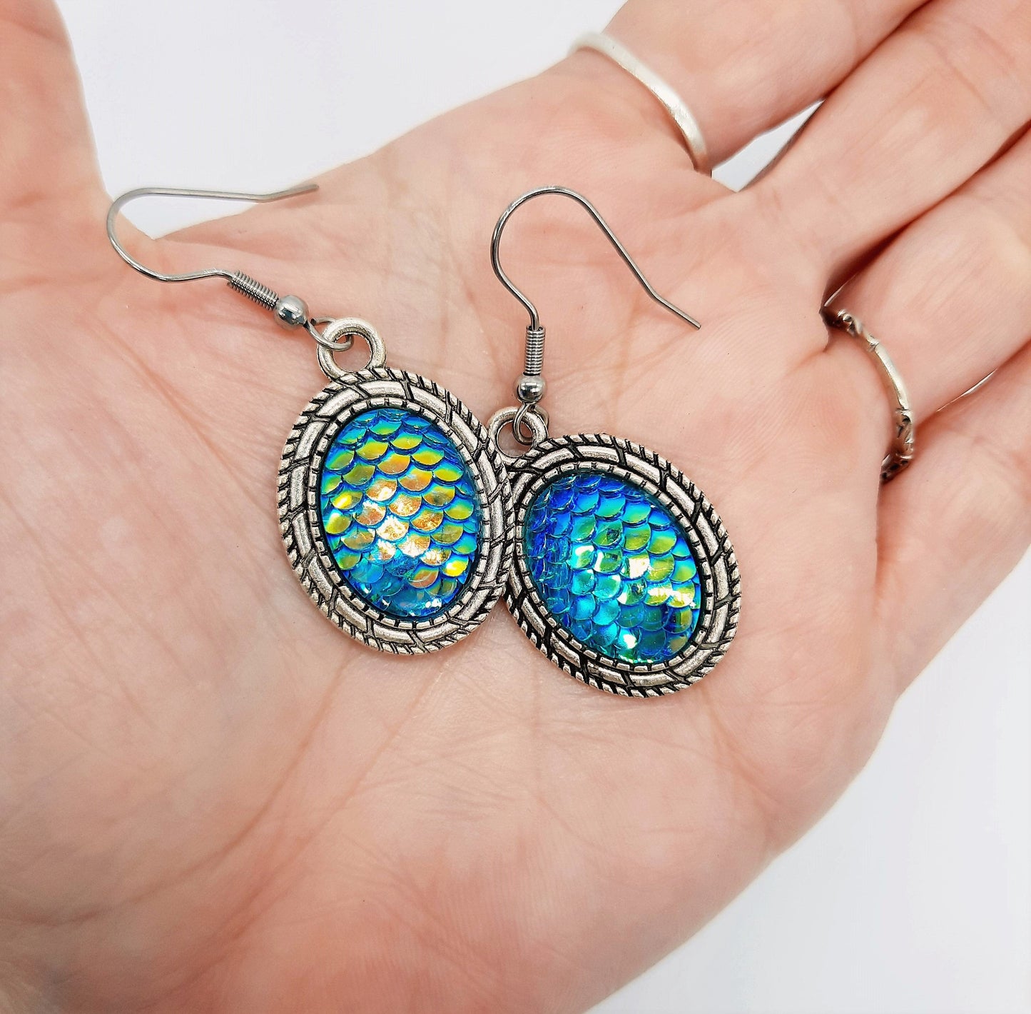 Blue Iridescent Oval Mermaid Scale Necklace & Earring Set