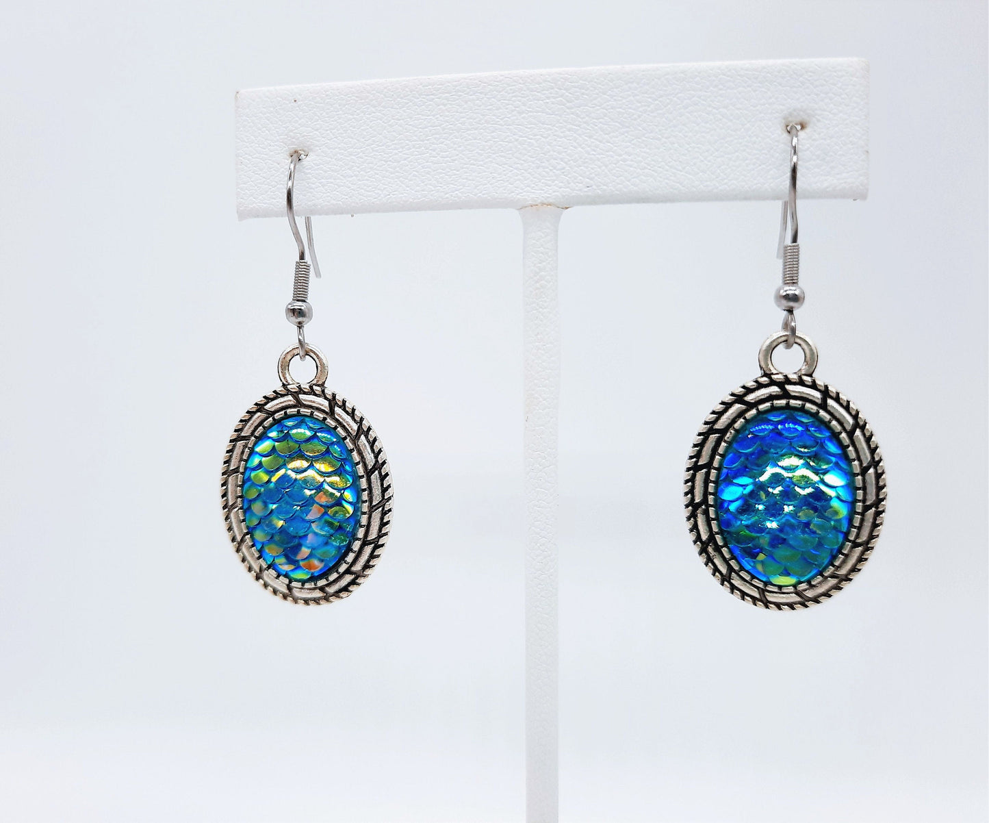 Blue Iridescent Oval Mermaid Scale Earrings