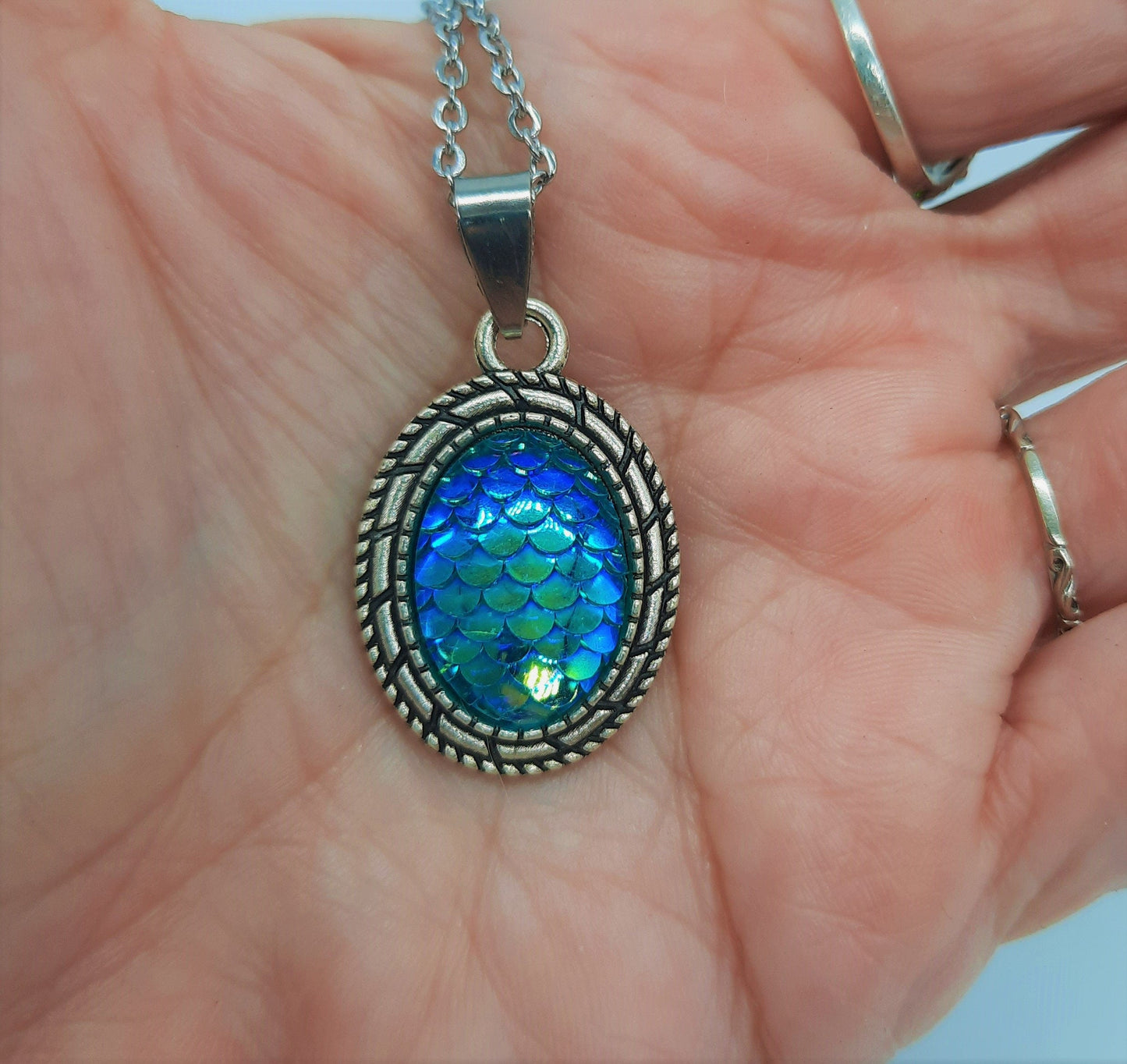 Blue Oval Mermaid Scale Necklace