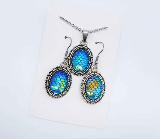 Blue Iridescent Oval Mermaid Scale Necklace & Earring Set