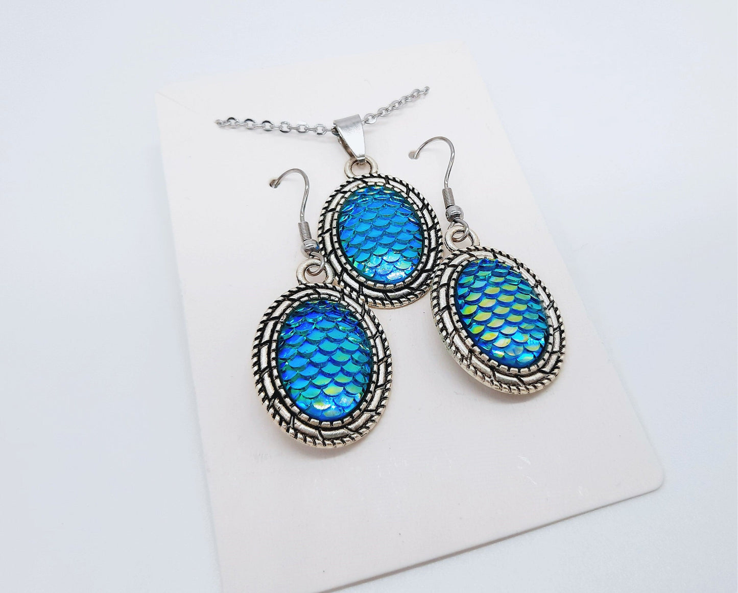 Blue Iridescent Oval Mermaid Scale Necklace & Earring Set