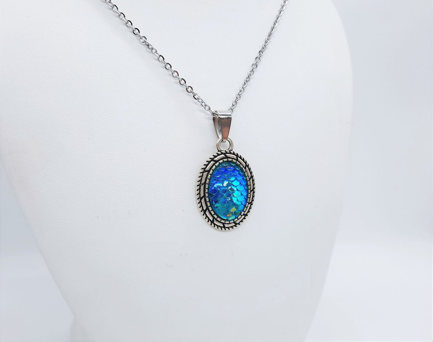 Blue Iridescent Oval Mermaid Scale Necklace & Earring Set