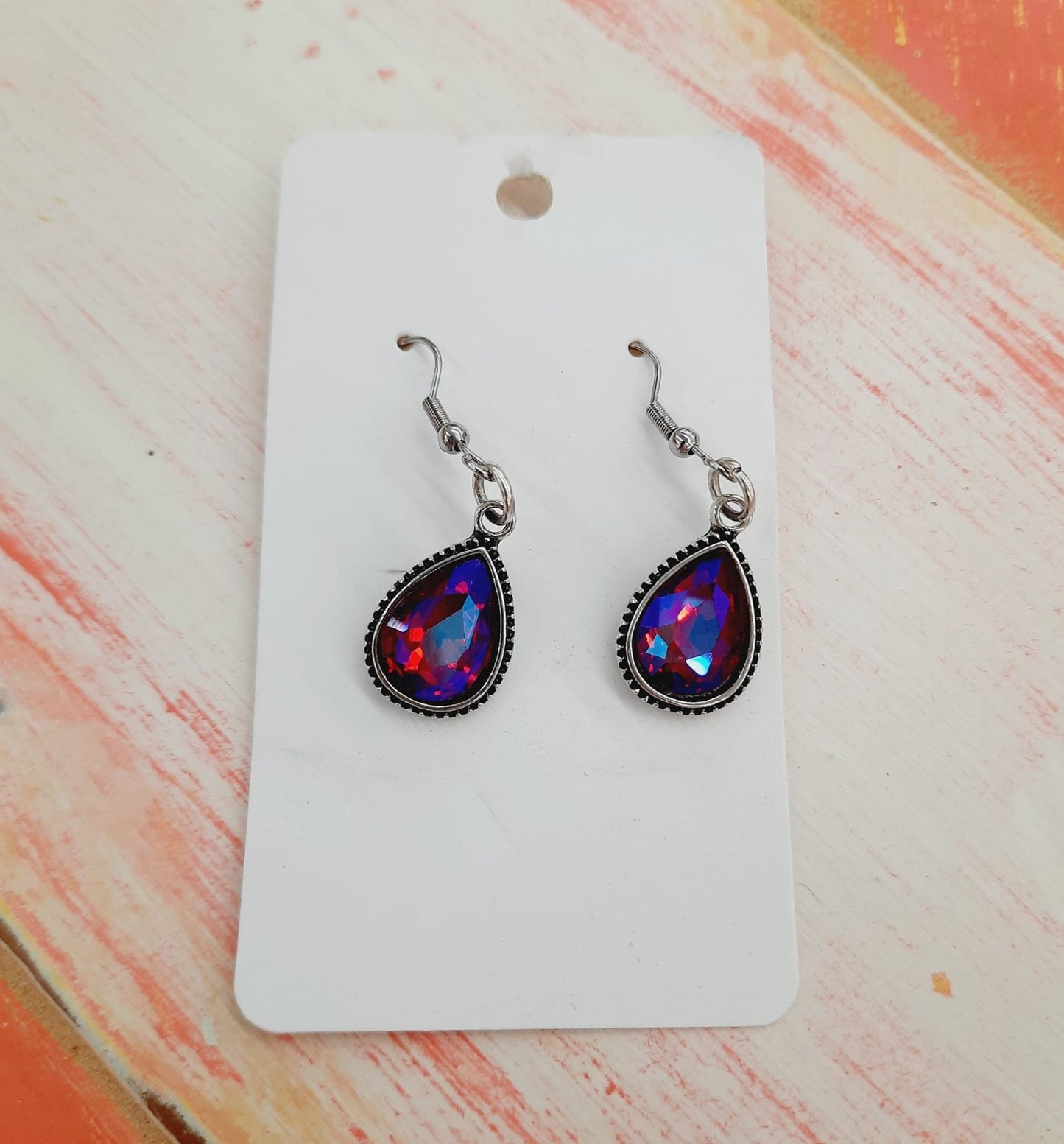 Antiqued Silver Red Teardrop Earrings