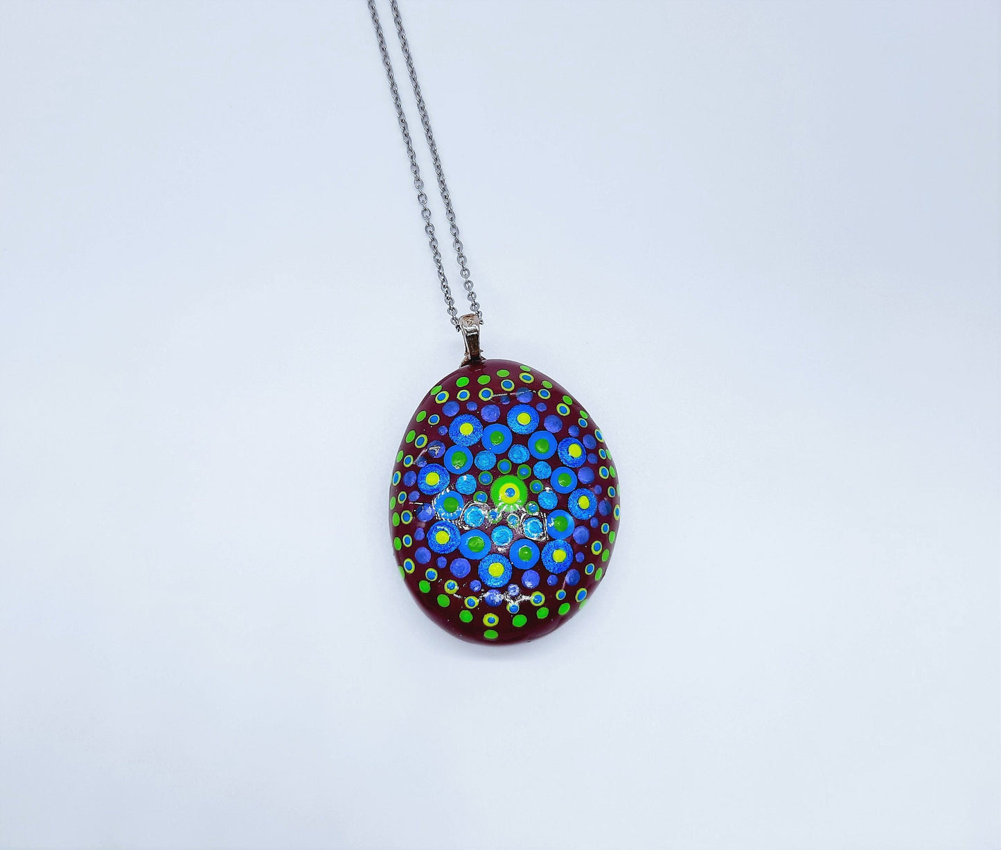 Handpainted Blue / Green Mandala Necklace