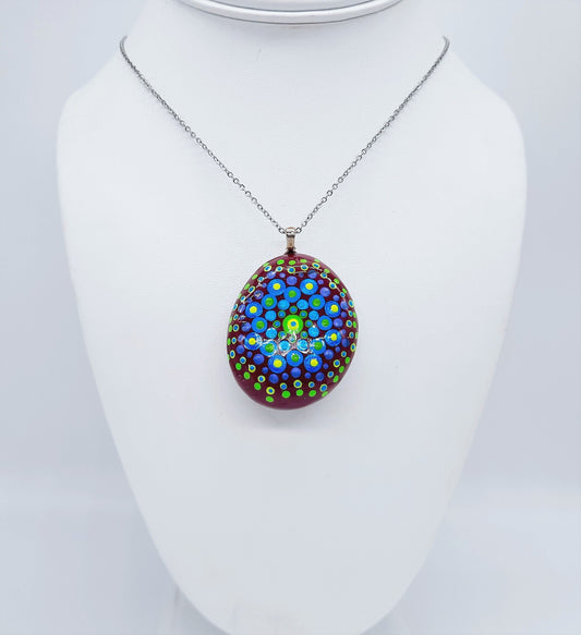 Handpainted Blue / Green Mandala Necklace