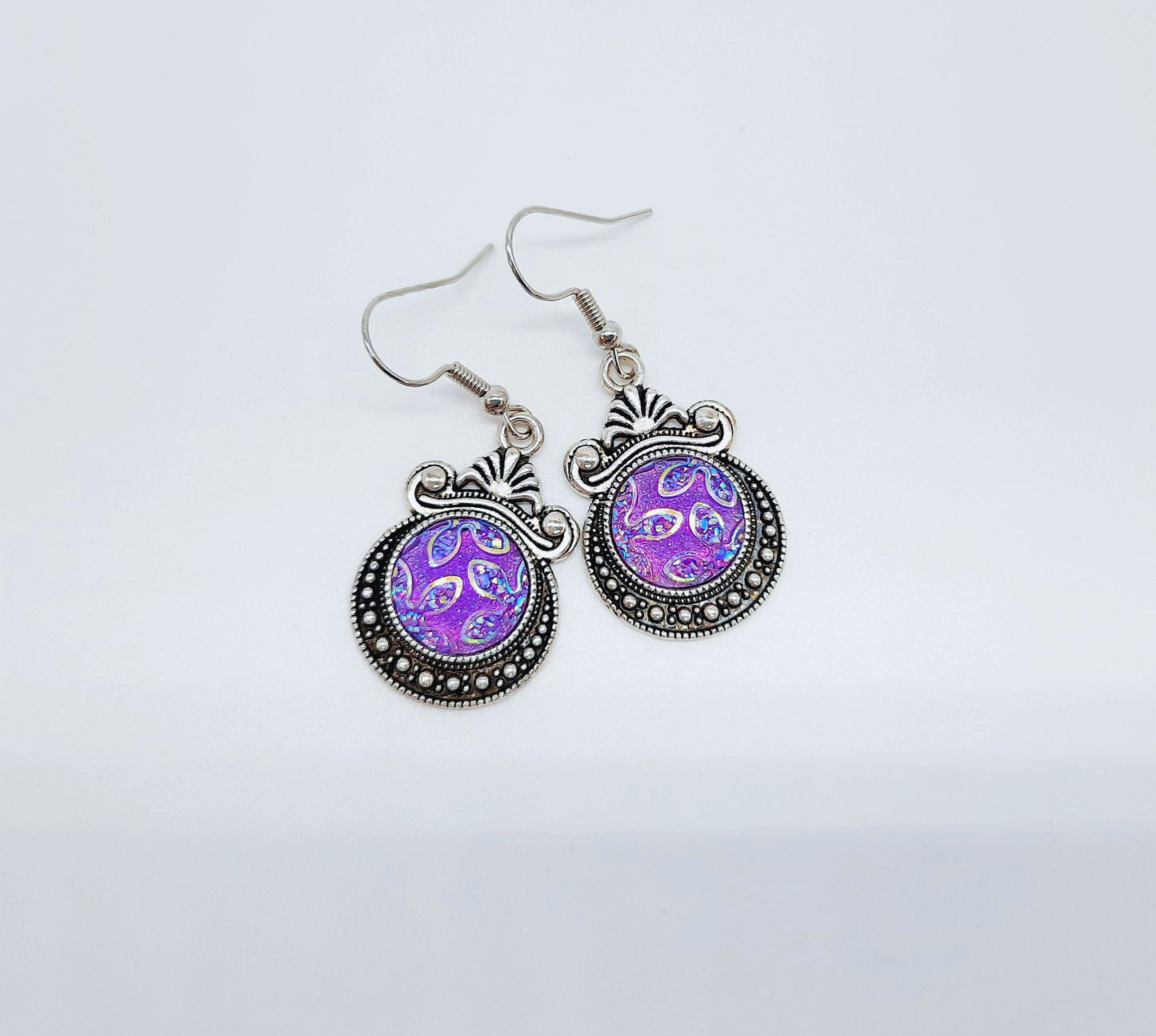 Purple Sparkle Resin Earrings / Antique Tibetan Look