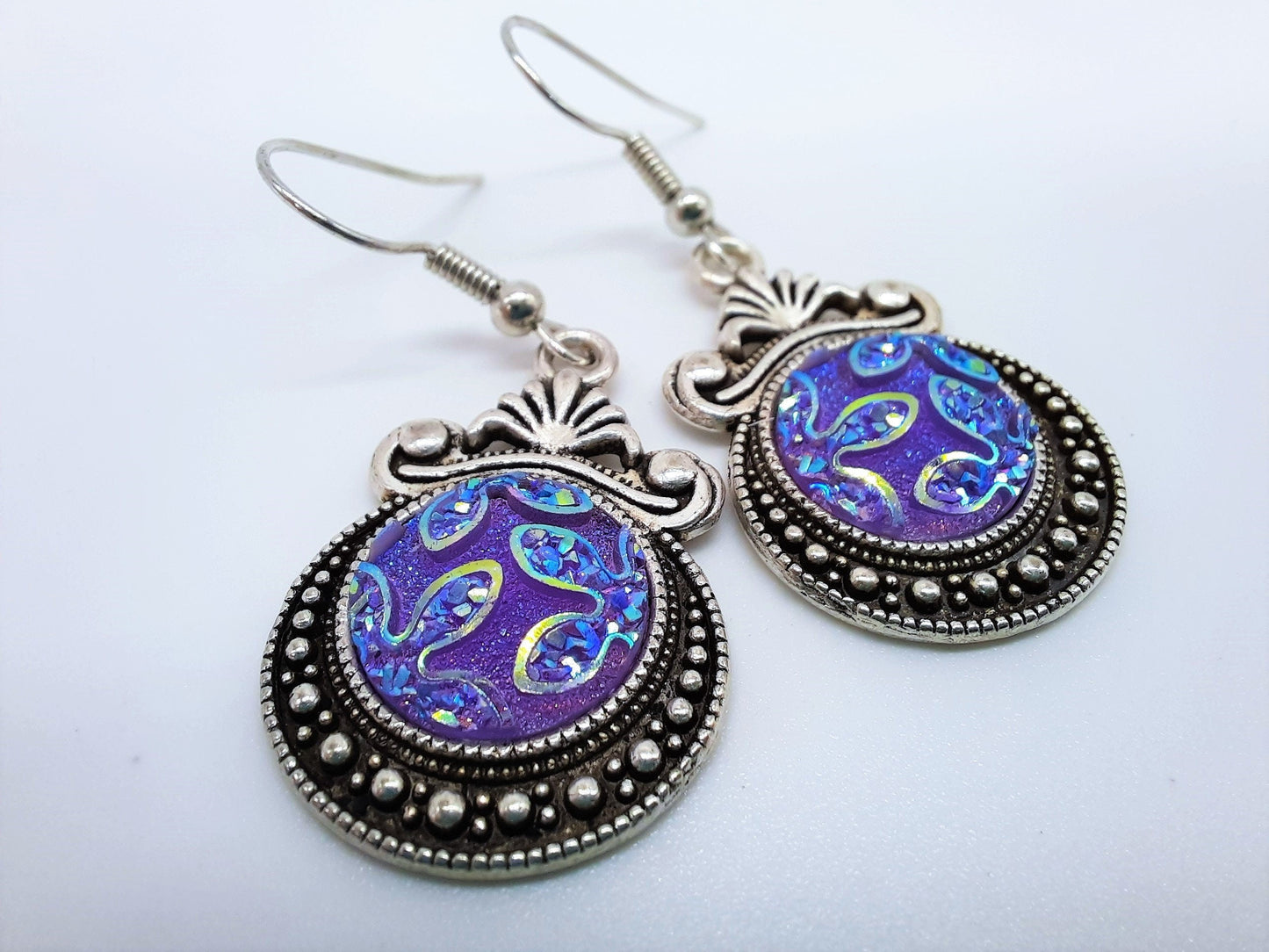 Purple Sparkle Resin Earrings / Antique Tibetan Look