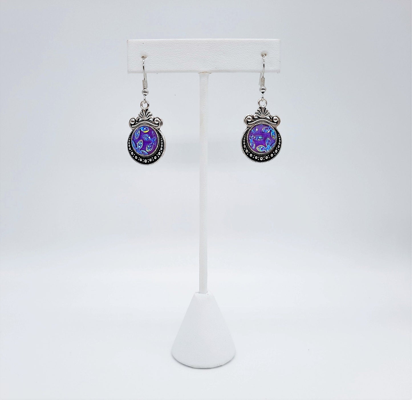 Purple Sparkle Resin Earrings / Antique Tibetan Look