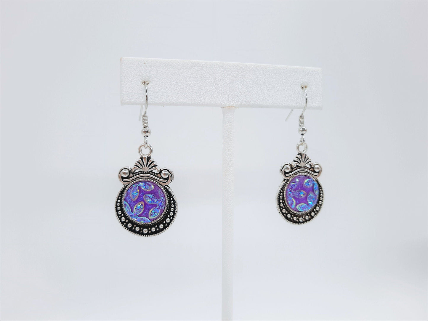 Purple Sparkle Resin Earrings / Antique Tibetan Look