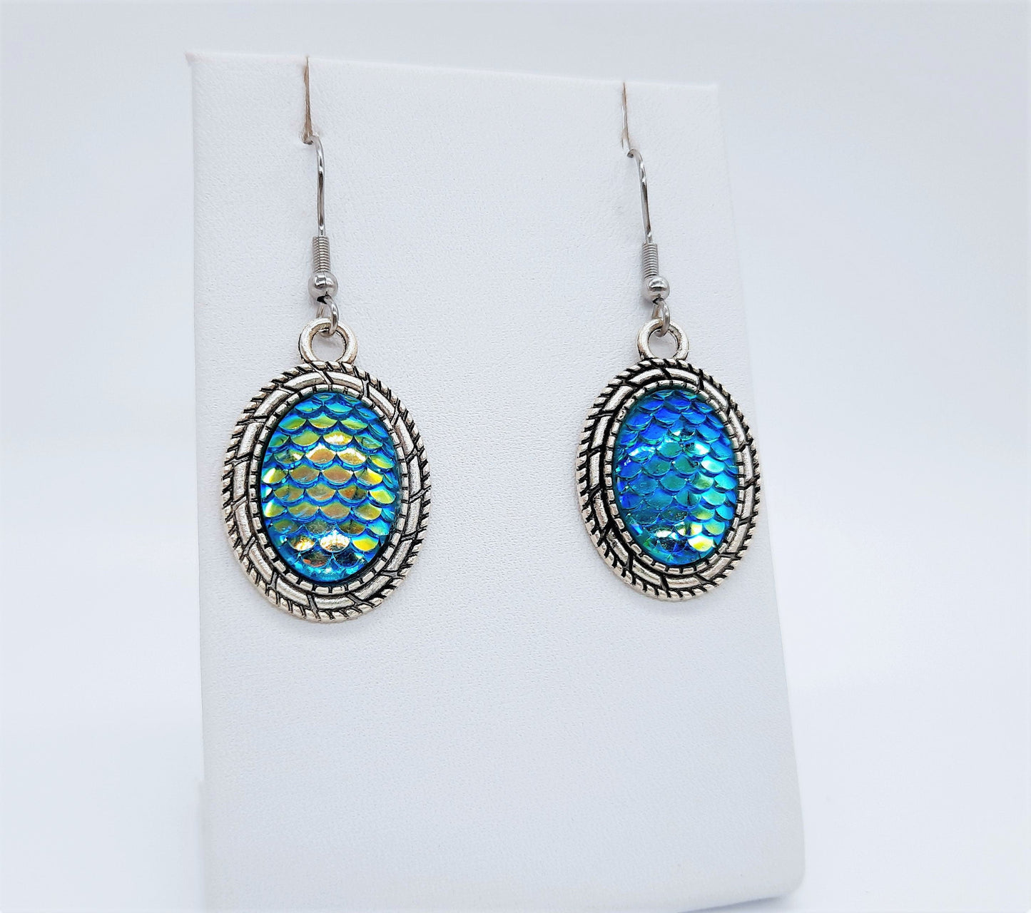 Blue Iridescent Oval Mermaid Scale Earrings