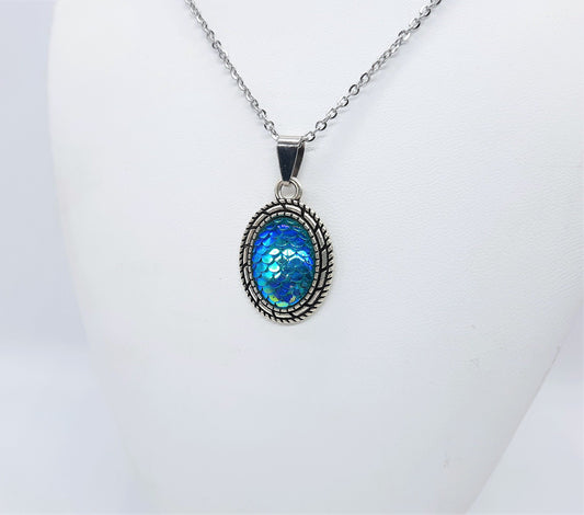 Blue Oval Mermaid Scale Necklace