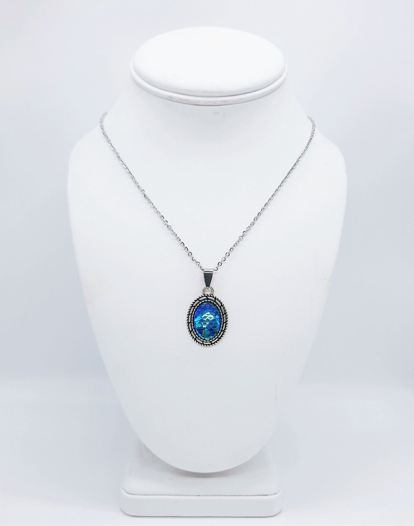 Blue Oval Mermaid Scale Necklace