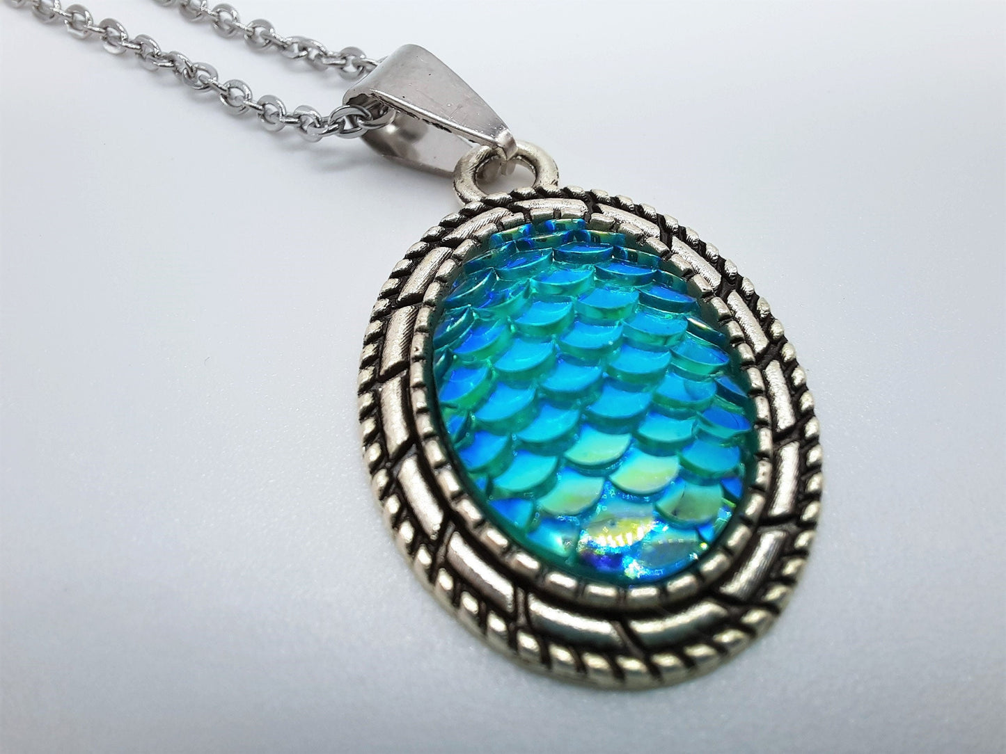 Blue Oval Mermaid Scale Necklace