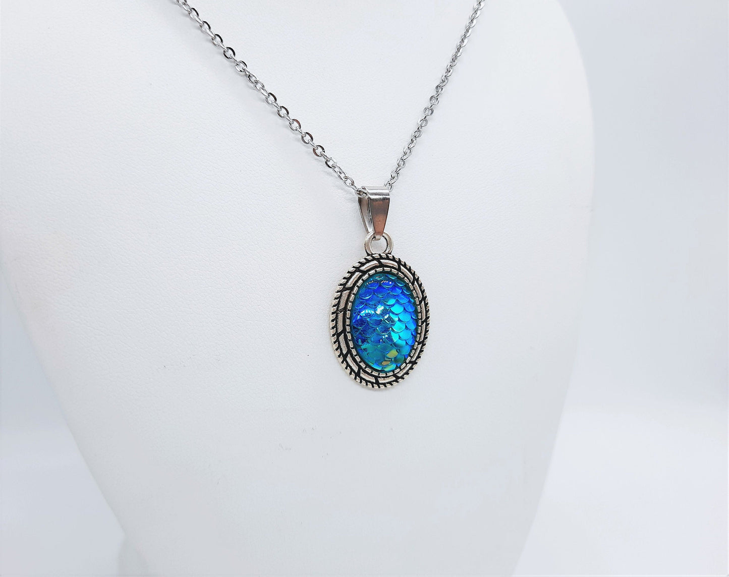 Blue Oval Mermaid Scale Necklace