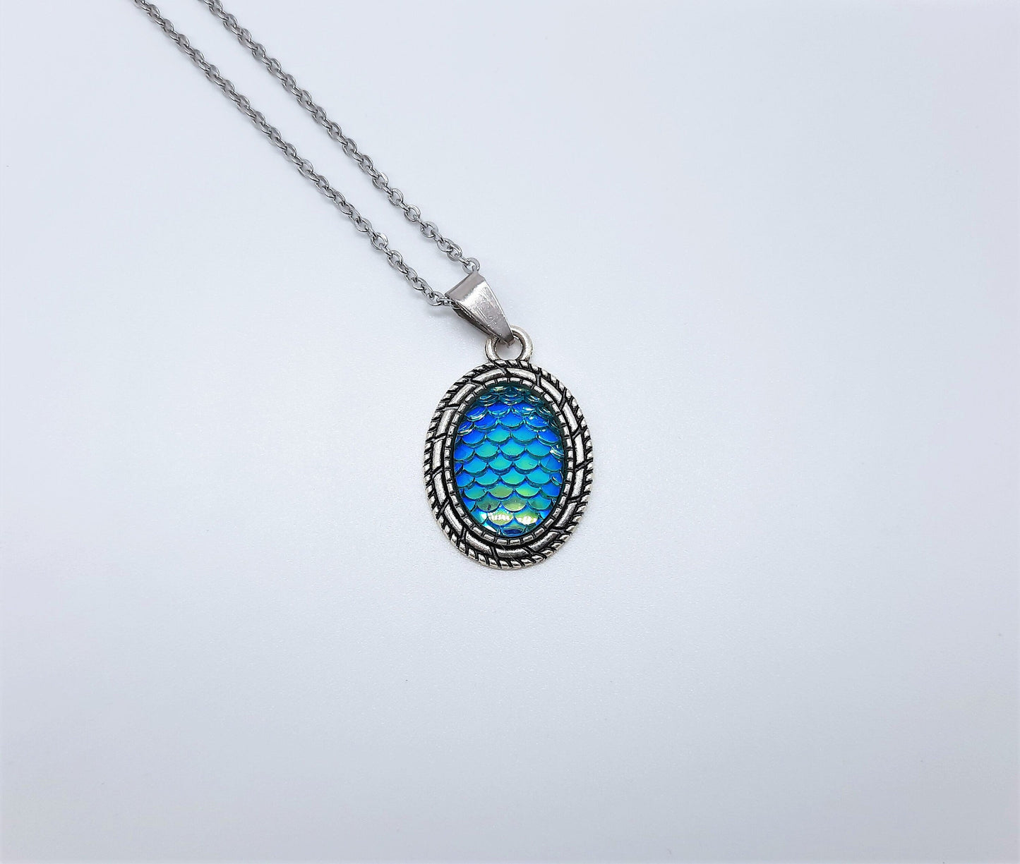 Blue Iridescent Oval Mermaid Scale Necklace & Earring Set