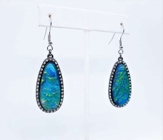 Opal (like) Blue Green Sparkle Teardrop Earrings
