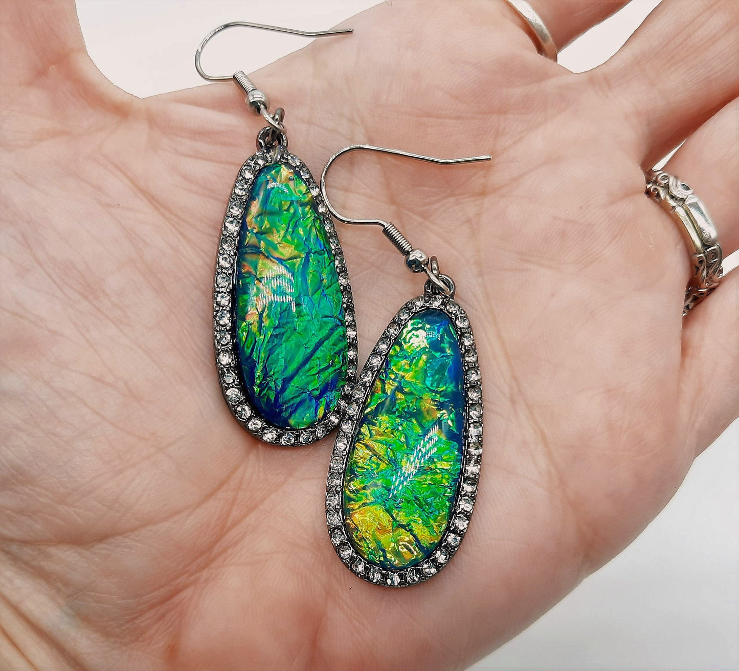 Opal (like) Blue Green Sparkle Teardrop Earrings