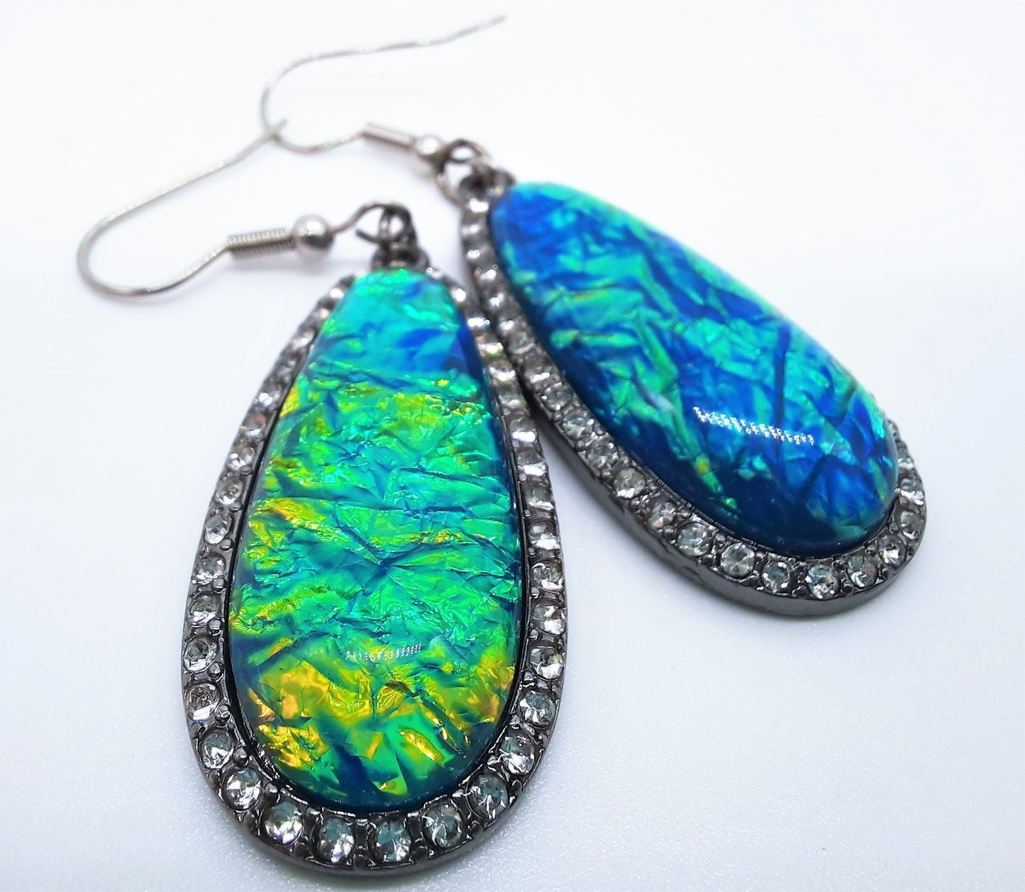 Opal (like) Blue Green Sparkle Teardrop Earrings