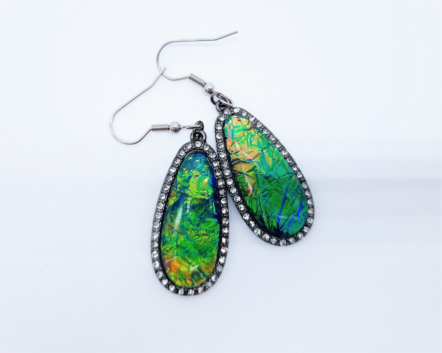 Opal (like) Blue Green Sparkle Teardrop Earrings
