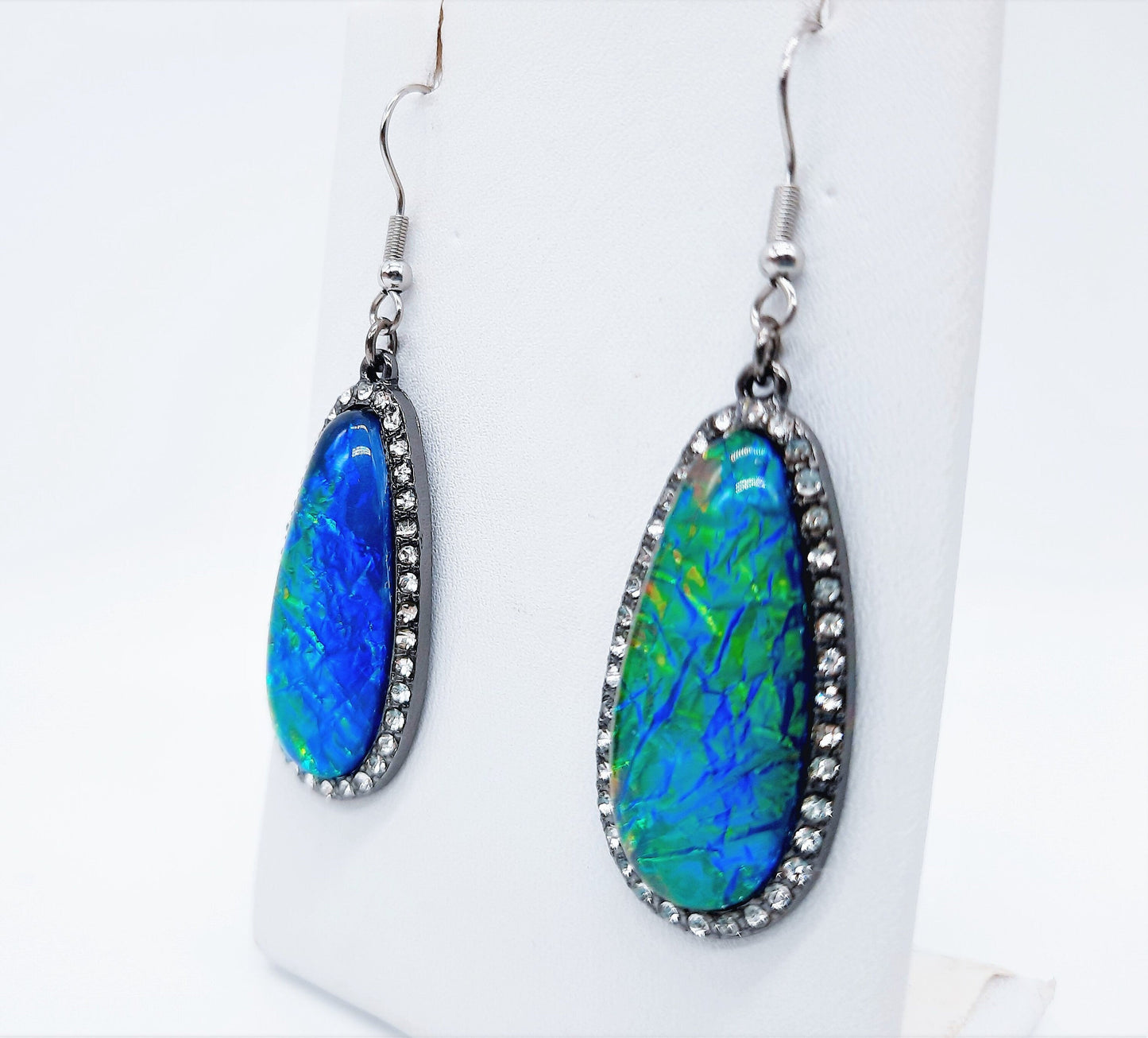Opal (like) Blue Green Sparkle Teardrop Earrings