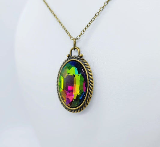 Rainbow Rhinestone Oval Necklace