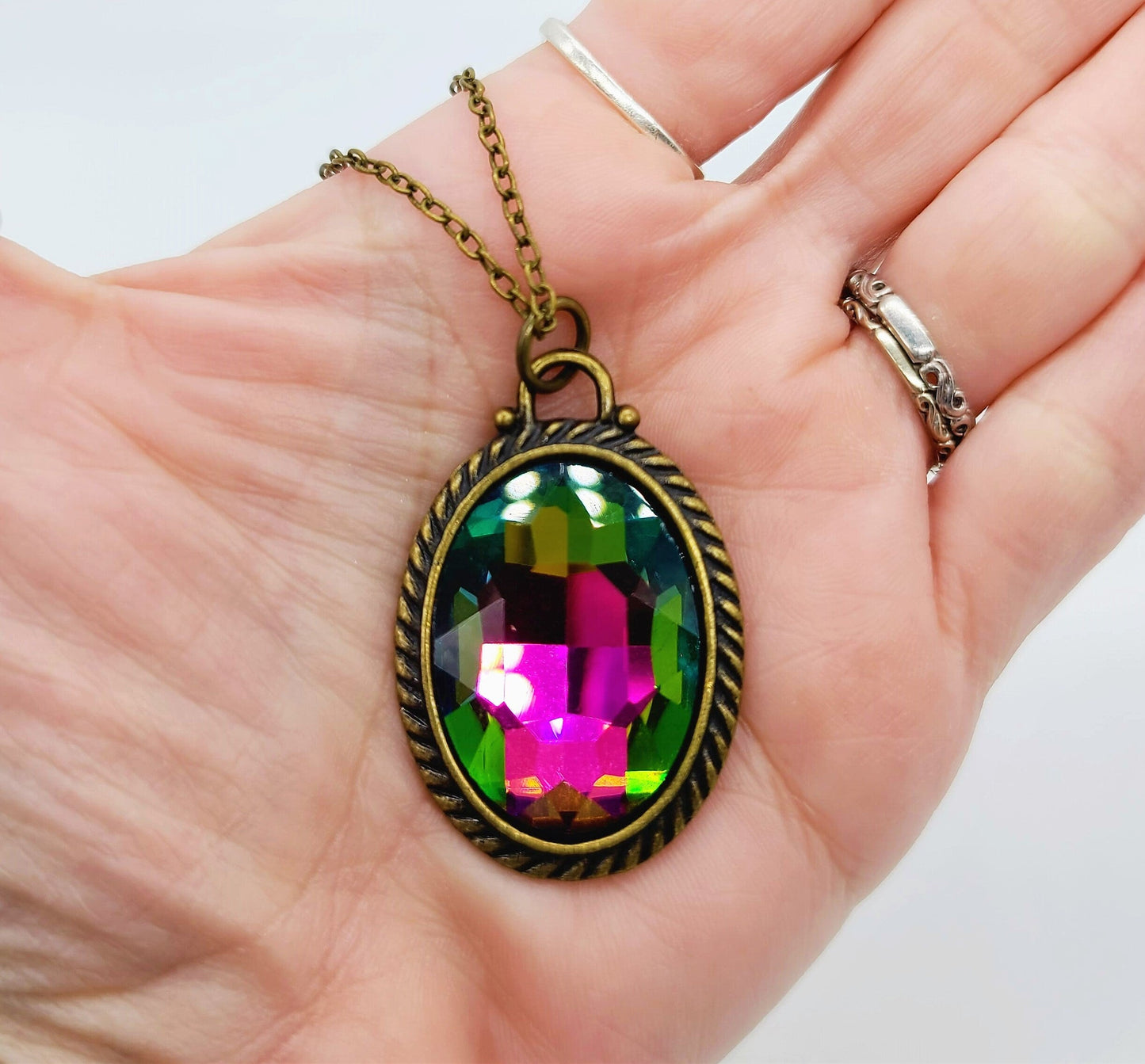 Rainbow Rhinestone Oval Necklace