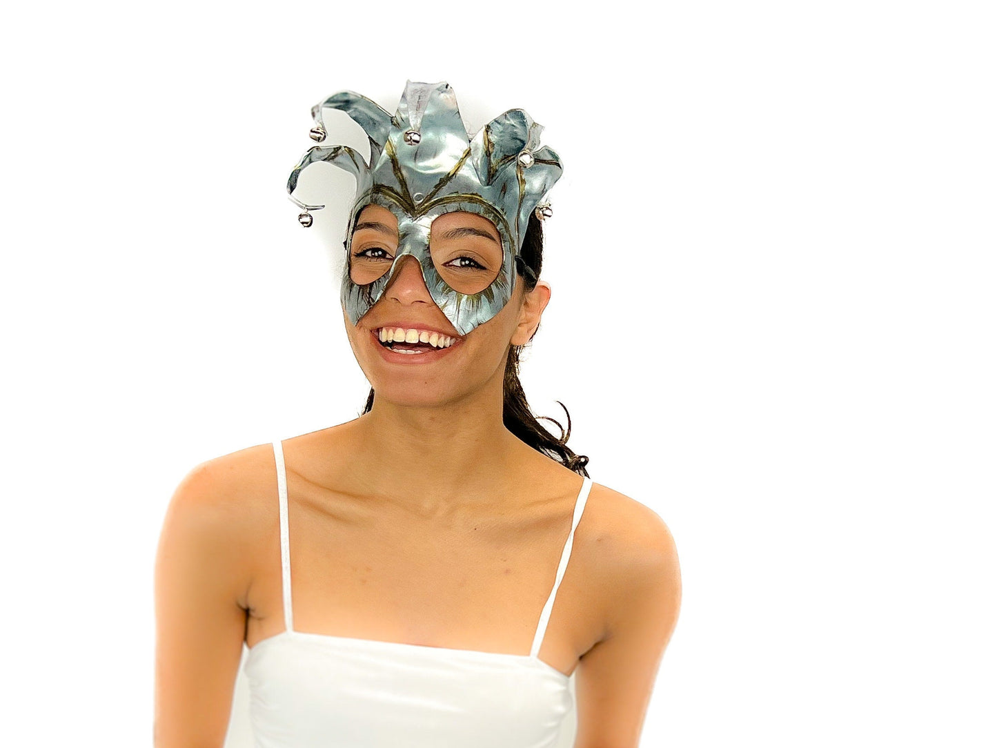 Handmade Genuine Leather Five Point Jester Mask in Patina Silver