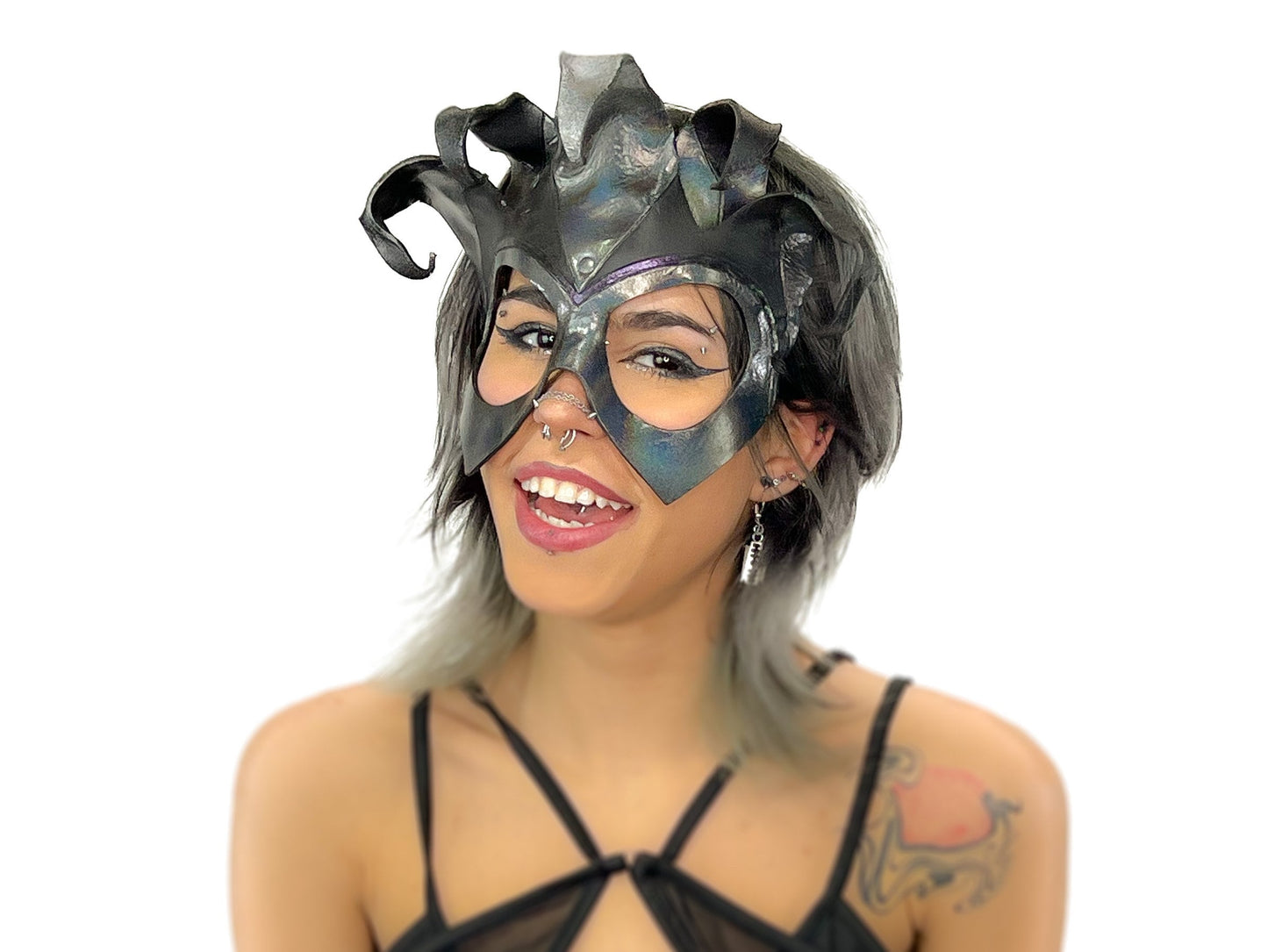 Handmade Genuine Leather Five Point Jester Mask in cosmic silver and Black No Bells