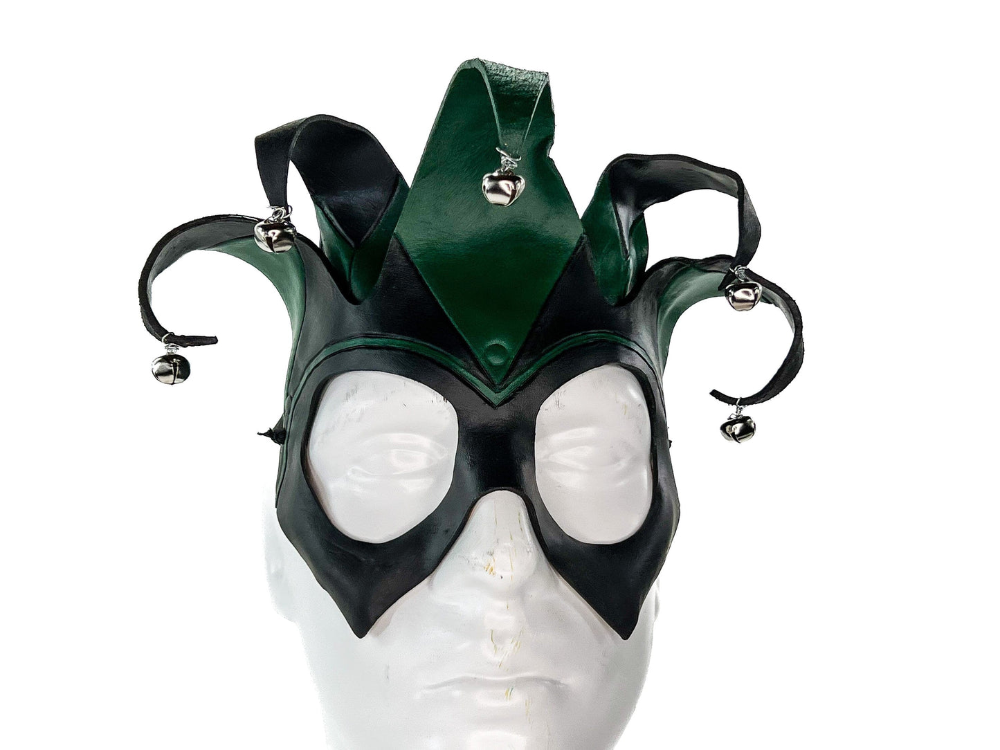 Handmade Genuine Leather Five Point Jester Mask in Green and Black