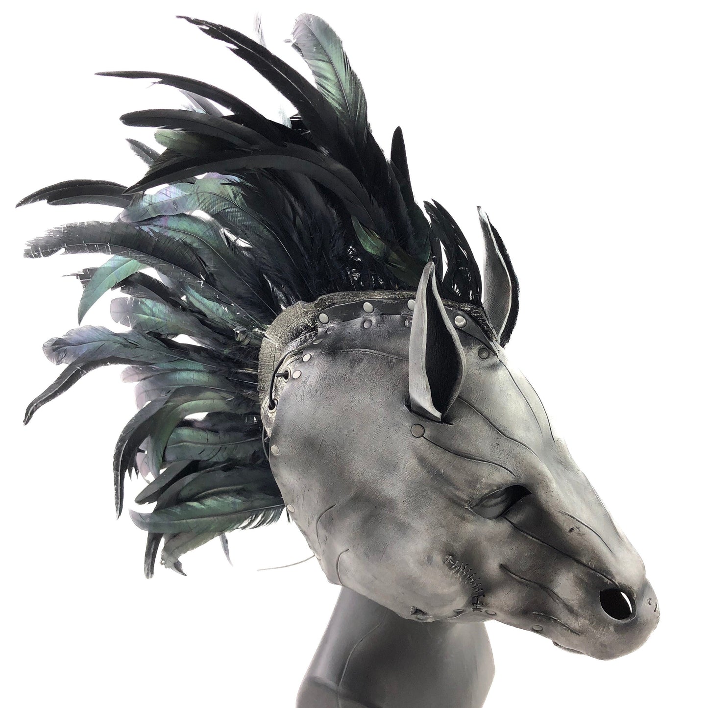 Flying Horse Handmade Genuine Leather Mask with Feathers