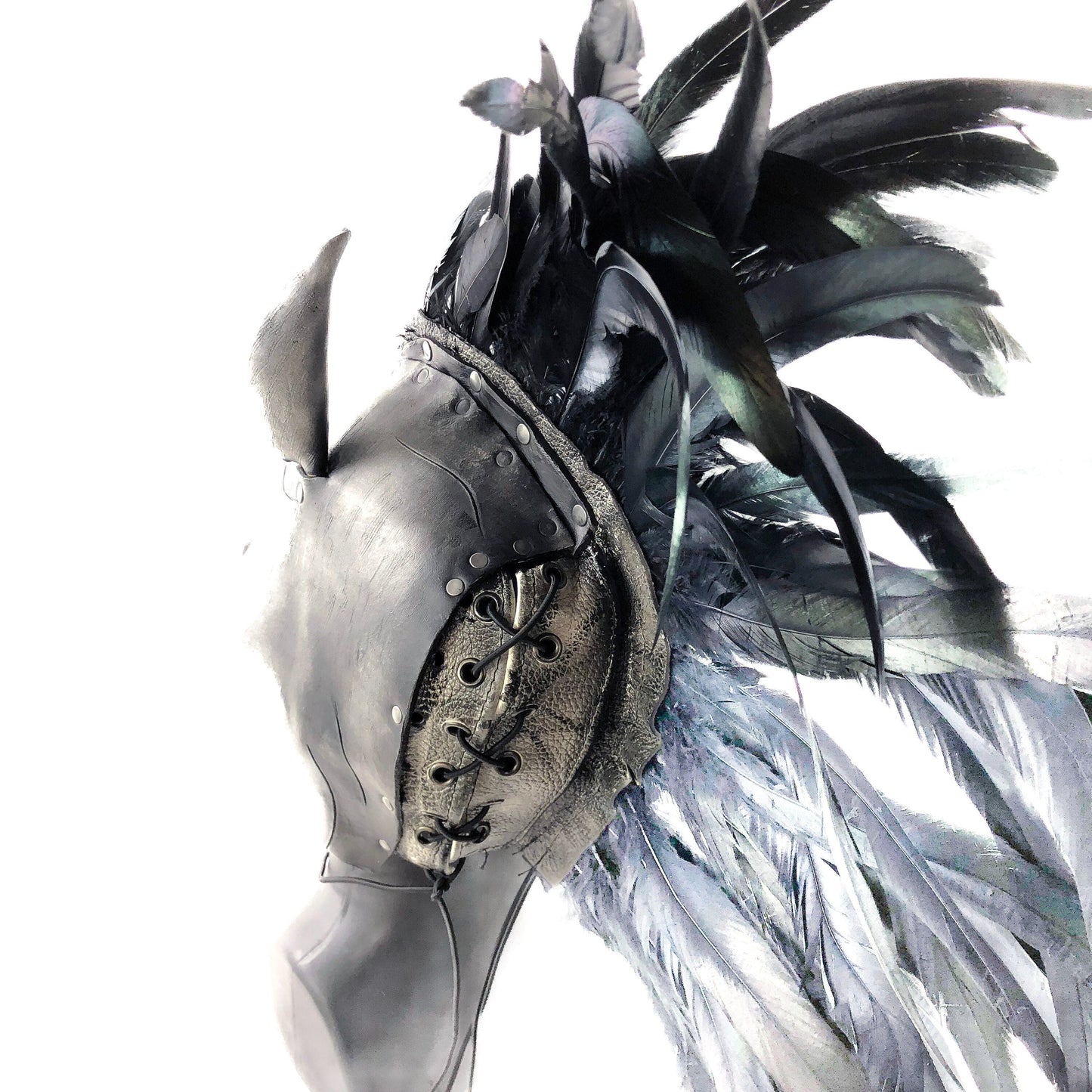 Flying Horse Handmade Genuine Leather Mask with Feathers