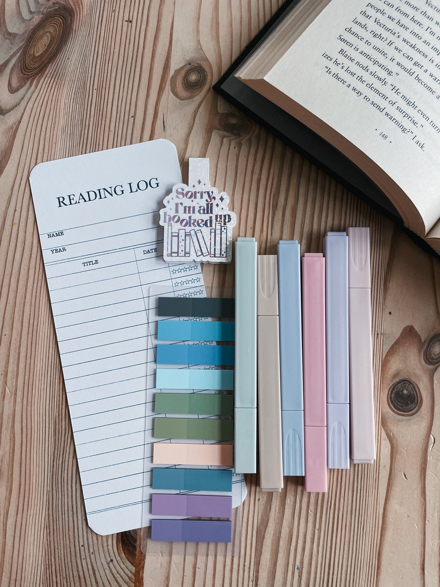 Book Annotating kit- bookmark reading log, annotating tabs, highlighters & a magnetic bookmark | Everything but the Book | Book Lovers kit