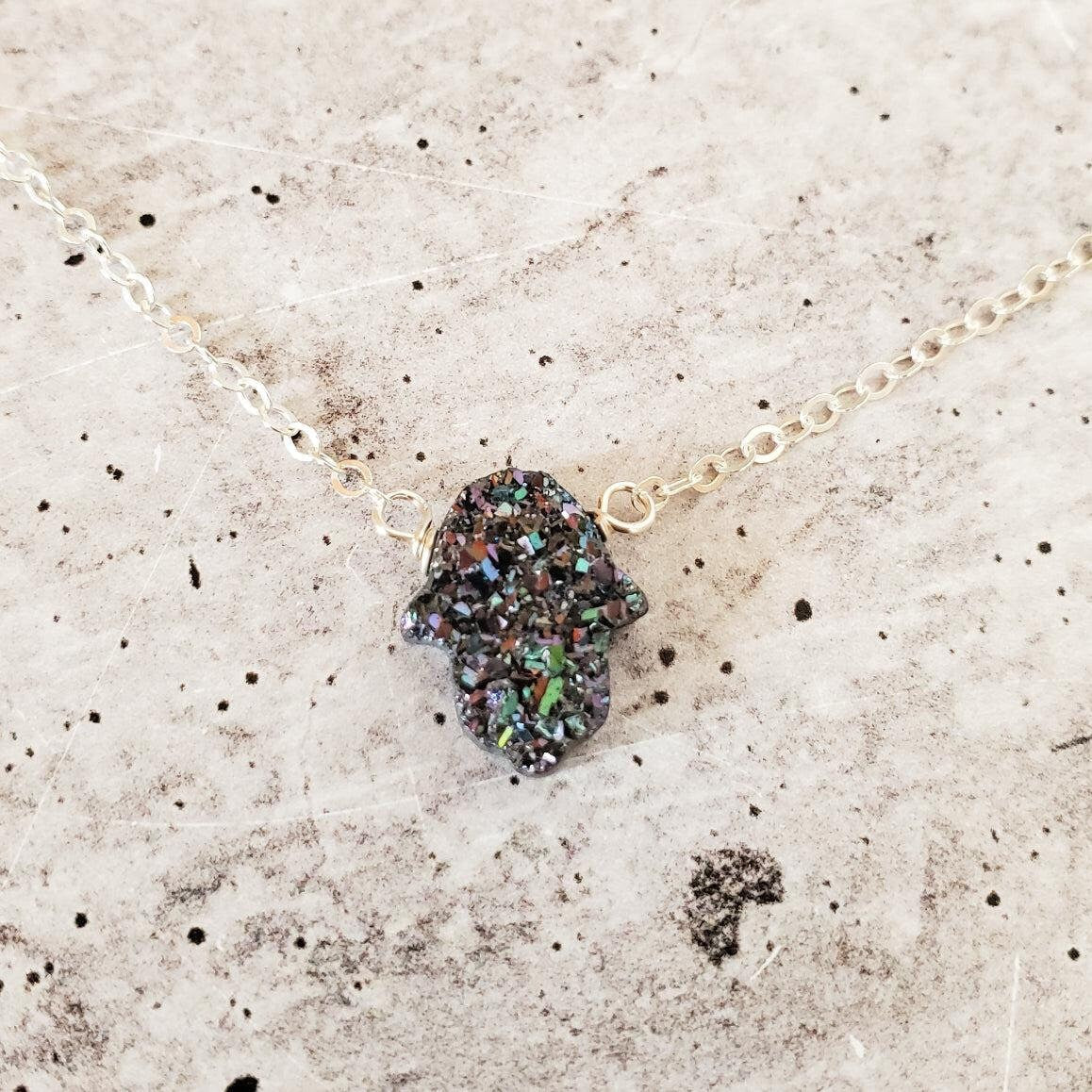 Druzy Crystal Hamsa Pendant Necklace