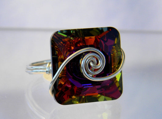 Sterling Silver Crystal Volcano Square Ring