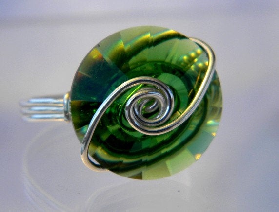 Sterling Silver Crystal Moss Green Round Ring