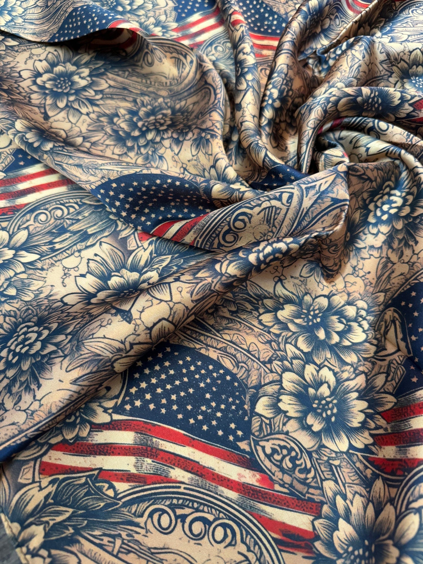 Wild Rag 100% Silk Patriotic Vintage Floral with American Flag Cowboy Western Neck Scarf Bandanna by Double B Wild Rags
