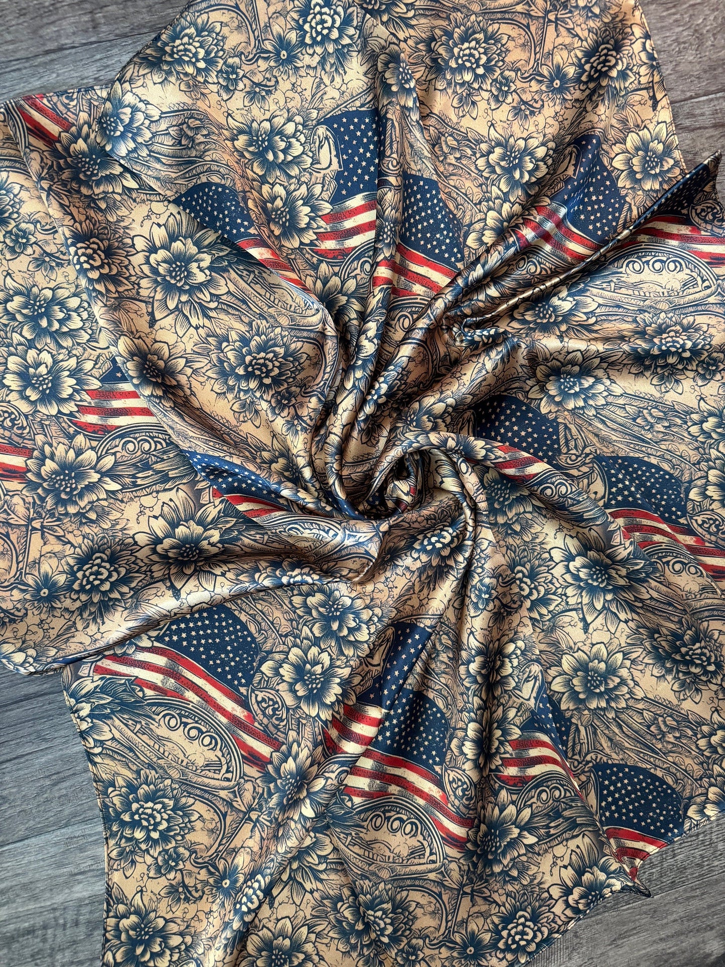 Wild Rag 100% Silk Patriotic Vintage Floral with American Flag Cowboy Western Neck Scarf Bandanna by Double B Wild Rags