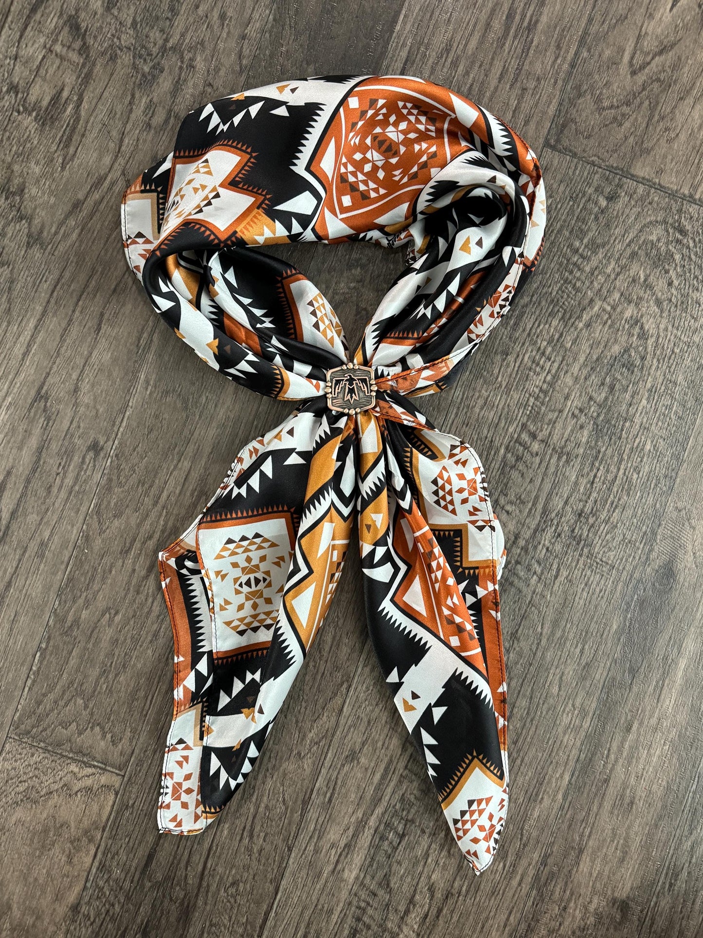 100% Silk Wild Rag Aztec Native tribal inspired pattern of brown, black, and white by Double B Wild Rags