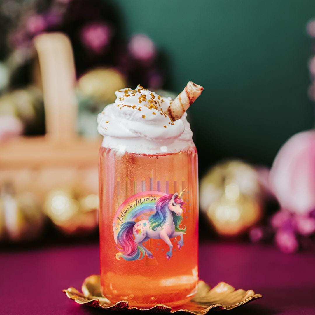 Believe in Miracles Unicorn Printed Glass Can Cup