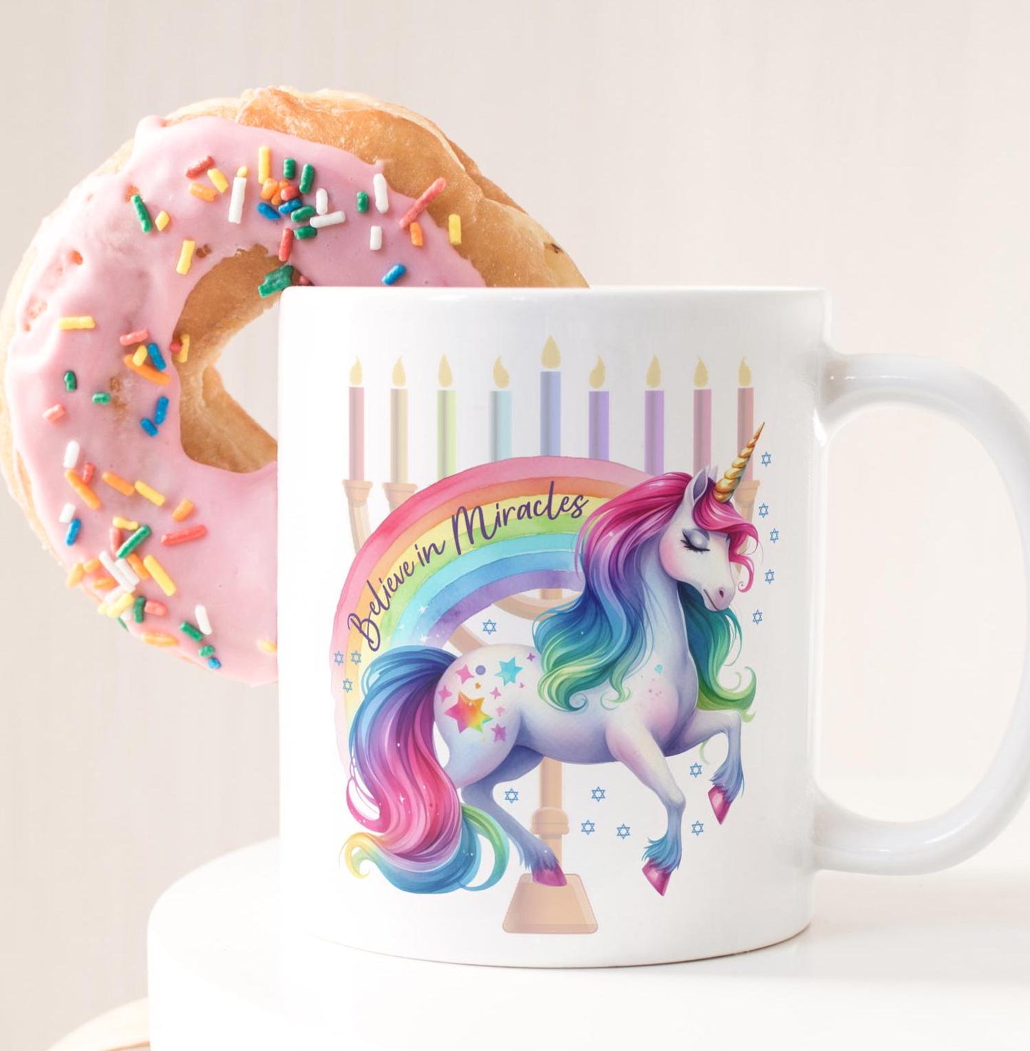 Believe in Miracles Unicorn Chanukah Ceramic Coffee Mug