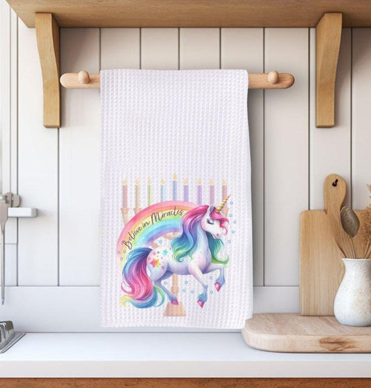 Believe in Miracles Unicorn Waffle Dish Towel for Chanukah