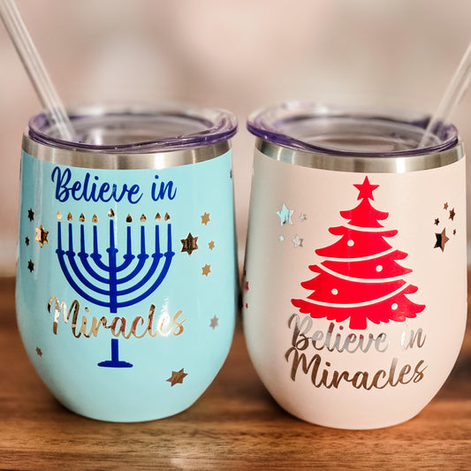 Believe in Miracles Chrismukkah Wine Tumblers