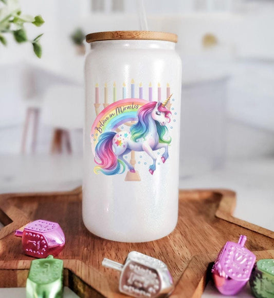 Believe in Miracles Unicorn Printed Glass Can Cup
